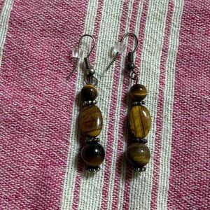 Tiger’s Eye Drop Earrings – Natural Stone Beads – Silver-Tone Accents - Handmade